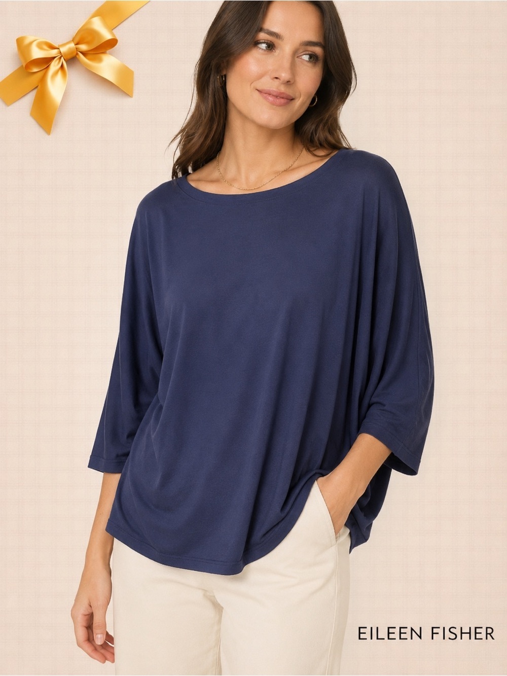 Eileen Fisher Navy Blue Dolman Sleeve Tunic Top Size Small